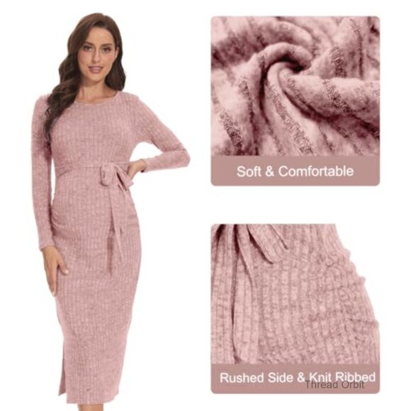Maternity Sweater Dress Rib Knit Long Sleeve Slit Belted Pregnancy - Picture 4 of 6